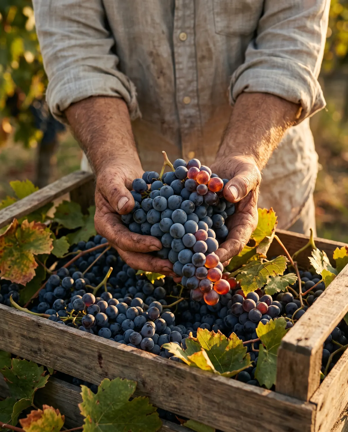 Le mani di un vignaiolo con un grappolo di Sangiovese appena raccolto