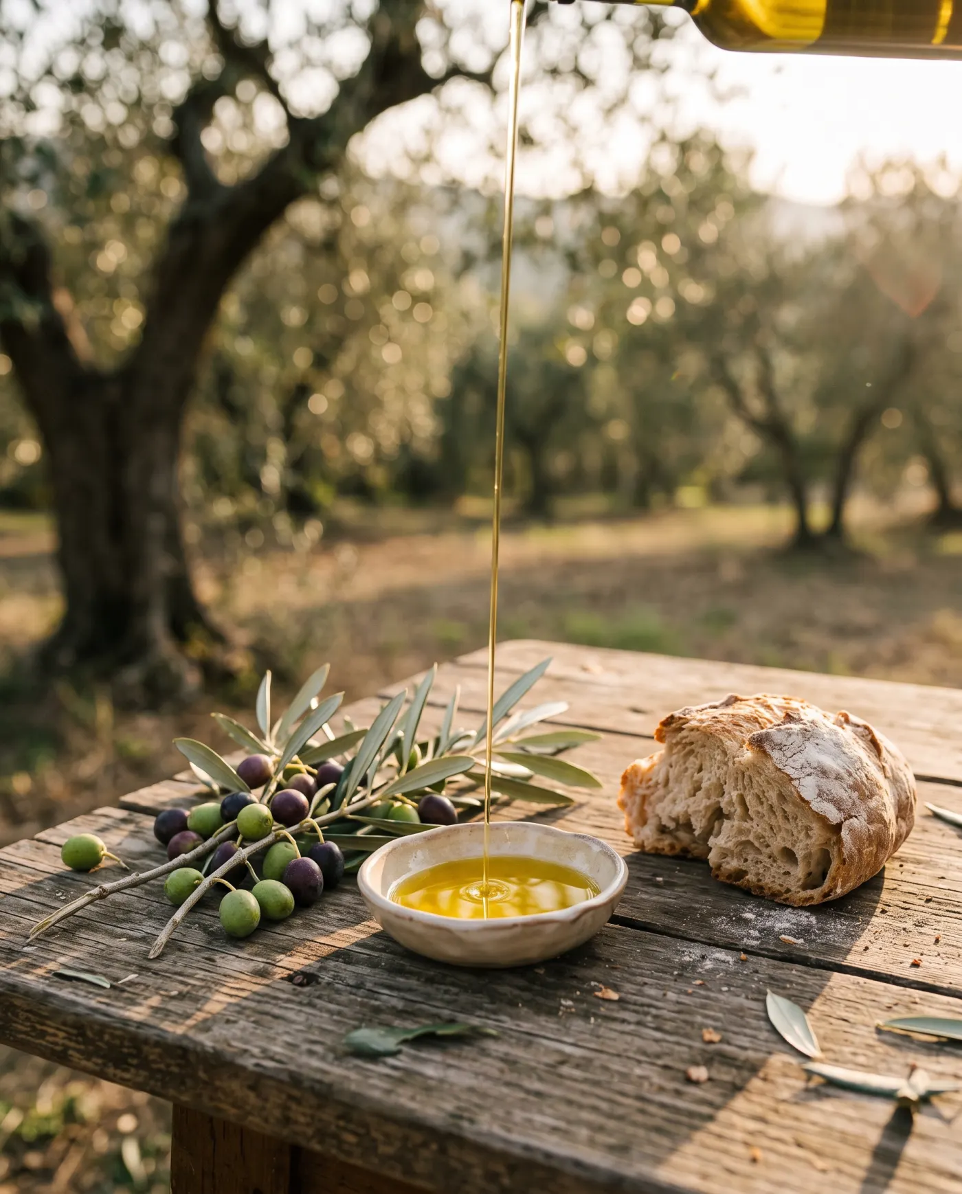 Olio extravergine versato in una ciotola di ceramica in un uliveto