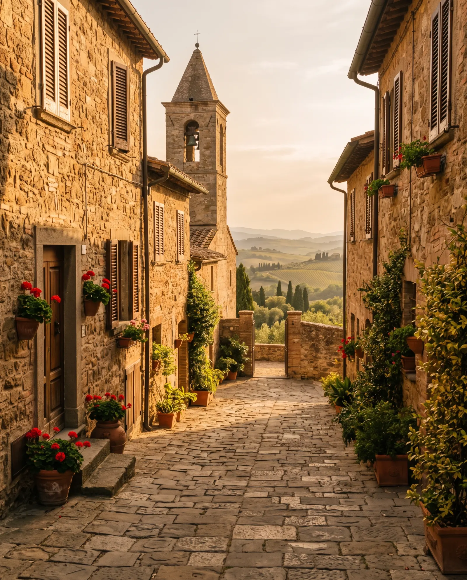 Un vicolo in pietra di un borgo medievale toscano al tramonto